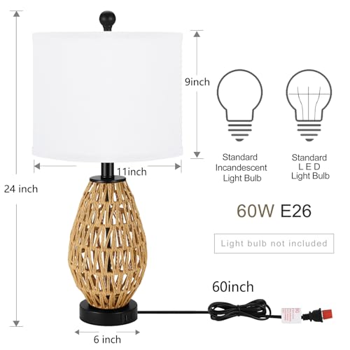Coastal Table Lamps Set of 2, Retro Rattan Woven 24" Bedside Lamp, for Bedroom Living Room Home Nightstand Table Lamp(with USB C+A 5V 2.1A Charging Ports)