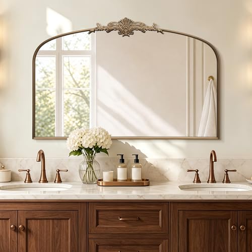 Besdomus Vintage Arched Gold Mirror: 55"x36" French Brass Antique Vanity Mirror - Overmax Decorative Baroque Traditional Ornate for Home Renovation Decor - Idea for Entryway/Fireplace/Bathroom - color: Brass Gold, size: 36"L x 55"W