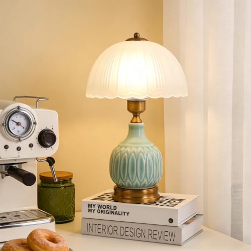 Table Lamps Ceramic Retro Lamp for Living Room,15.7" Modern Bedside Nightstand Traditional Lamps, Classic Chinoiserie Green Glass Lamp for Home (Retro) - style: Retro