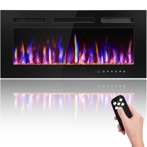 BETELNUT 36" Electric Fireplace Wall Mounted and Recessed with Remote Control, 750/1500W Ultra-Thin Wall Fireplace Heater W/Timer Adjustable Flame Color and Brightness, Log Set & Crystal Options - size: 36 Inch