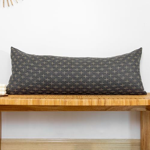 JoraLion Decorative 14x36 Lumbar Pillow Cover, Dark Grey Cross Pattern Woven Textured Cushion Case Polyester Cozy Modern Farmhouse Vintage Pillowcase for Couch Sofa Bed Living Room, ONLY 1 Cover - color: Dark Grey