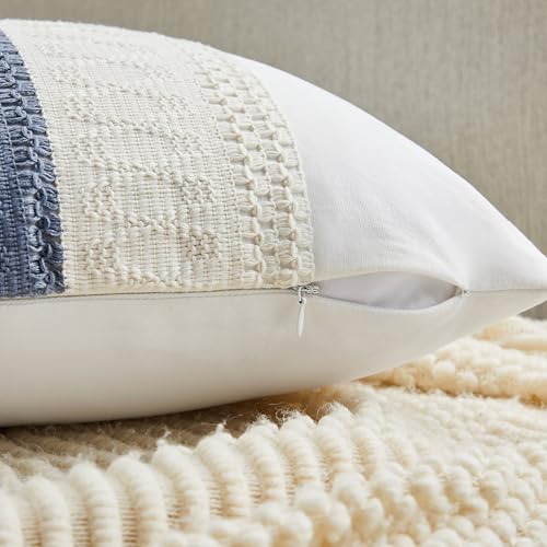 Soft Cotton Boho Throw Pillow Covers Set of 2, Natural White/Contrast Blue 18x18 Inch, Blue Farmhouse Decorative Cushion Covers for Sofa Bed Living Room Home Decor - color: Natural White/Contrast/Blue, size: 18" x 18" (Pack of 2)