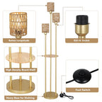 Boho Floor Lamp with Shelves, 3-Lights Farmhouse Tall Floor Lamp with ON/Off Foot Switch, Gold Modern Floor Lamps with Rattan Shades, Rustic Standing Lamp for Living Room, Bedroom, Office - style: Gold-Rattan Shade