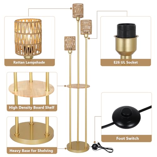 Boho Floor Lamp with Shelves, 3-Lights Farmhouse Tall Floor Lamp with ON/Off Foot Switch, Gold Modern Floor Lamps with Rattan Shades, Rustic Standing Lamp for Living Room, Bedroom, Office - style: Gold-Rattan Shade