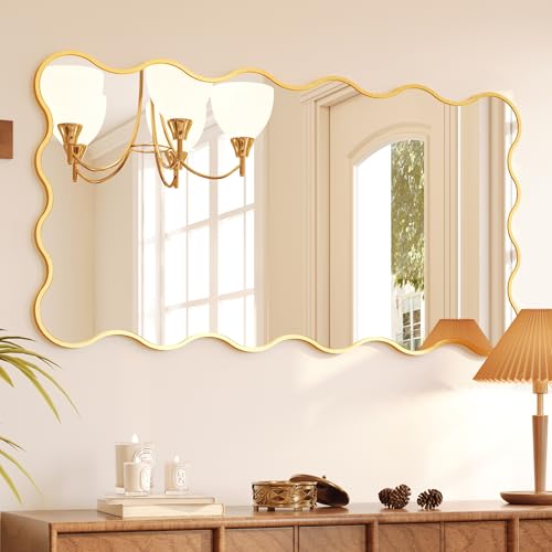 Kelly Miller 28x50 Inch Gold Scalloped Mirror, Large Rectangular Wavy Edge Bathroom Vanity Wall Mirror Decorative for Bedroom Living Room Entryway Fireplace Mantle - size: 50"L x 28"W