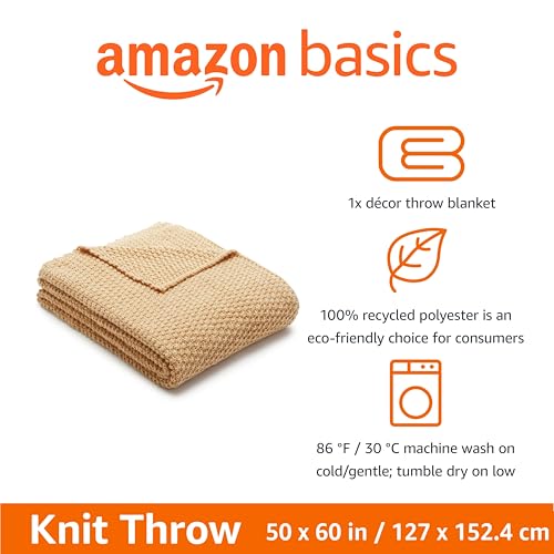 Amazon Basics Chunky Cable Knit Throw Blanket for Couch, Sofa, Bed, Lightweight Soft Cozy, 50" x 60", Sand - color: Sand, style: Knitted