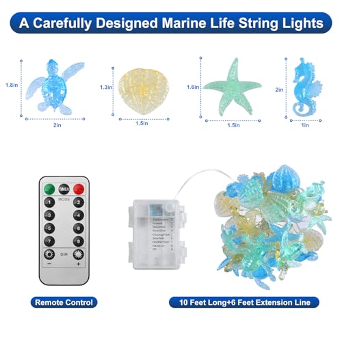 Ocean Themed Decorative Lights String of Marine Life Fairy String Lights Coastal Decor 10ft 30 LEDs Battery Operated with Remote Control for Beach Bedroom Decoration