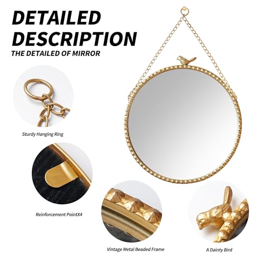 9.8 Inch Small Vintage Gold Round Wall Mirror with Sparrow Design-Iron Framed Mirror for Bathroom, Bedroom Or Dressing Room-Small Wall Mounted Mirror with Metal Bead Accents
