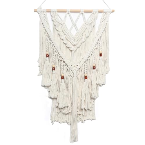 JONKASIPA Macrame Woven Wall Hanging, Bohemian Wall Decor Chic Woven Tapestry Handmade Crafts Tassel Lace Hanging Home Decor Perfect for Bedroom Living Room Apartment (Beige) - color: White Fringe