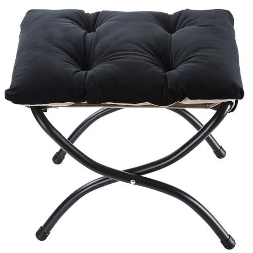 15" Foldable Foot Stool Ottoman with Metal Frame - Washable Black Upholstered Indoor/Outdoor Footrest for Living Room, Bedroom, Patio - Space-Saving Compact Design - color: Black