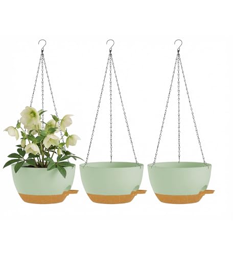 Hanging Planters, 3-Pack 10 Inch Self-Watering Pots with Drainage Holes and Chains, Matte Plastic Planters for Indoor/Outdoor Plant（Green Brown） - color: Green Brown, size: 10 inches