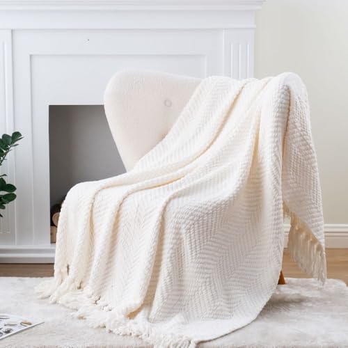 BATTILO HOME Cream Throw Blanket for Couch, Textured Knitted Throw Blanket with Tassels, Couch Cover Blanket Warm Decorative White Throw Blankets for Sofa Living Room, 60" x 80" - color: Cream, size: 60"x80"
