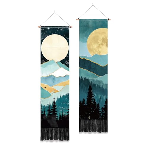 PLIGREAT 2 Pack Moon Mountain Long Tapestry, Forest Tree Narrow Vertical Wall Hanging Starry Night Sky Wall Tapestry Aesthetic Nature Landscape Tassels for Living Room Home Decor - color: Green and Black