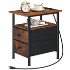 HOOBRO End Table with Charging Station, Narrow Side Table, Nightstand with 2 Non-Woven Drawers, Slim Sofa Side Table, for Small Spaces, Living Room, Bedroom, Rustic Brown and Black BF486UBZ01 - color: Rustic Brown + Black, size: 11.8"L x 18.9"W x 23.6"H