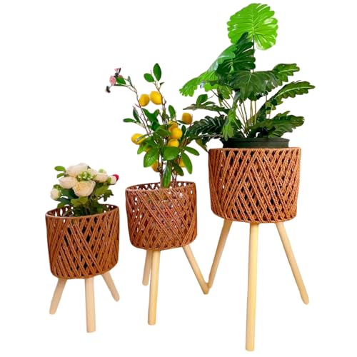 Bohemian 3-Piece Rattan Plant Stand Set - Handwoven Wicker Flower Pot Holder with Tripod Base, Sturdy Mid-Century Modern Plant Shelf for Indoor/Outdoor Use (E(3-Packs) Flowerpot)