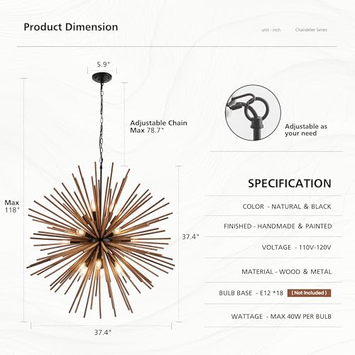 37.4" Farmhouse Sputnik Chandelier for Dining Room Rustic Handmade Natural Wood 18-Light Hanging Ceiling Pendant Light Fixture Starburst Wood Chandeliers for Kitchen Bedroom Foyer Hallway - size: Diameter 37.4", 18-Light