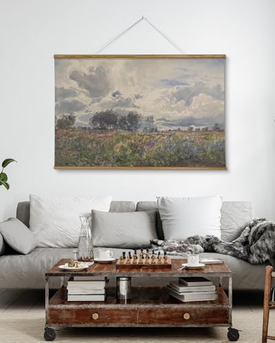 ARPEOTCY Extra Large Vintage Framed Wall Art, 36x54 Inch Farmhouse Retro Watercolor Sky Field Landscape Hanging Wall Art, Large Rustic Canvas Home Decor Aesthetic for Living Room Bedroom Office - color: Windy Countryside