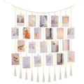 Macrame Hanging Photo Display Boho Wall Decor with String Lights Wooden Beads Garland Picture Frame Collage Holder with 45 Clips for Room, Bedroom, Dorm, Christmas Teenage Teen Girl Gifts (Beige, Large) - size: Large