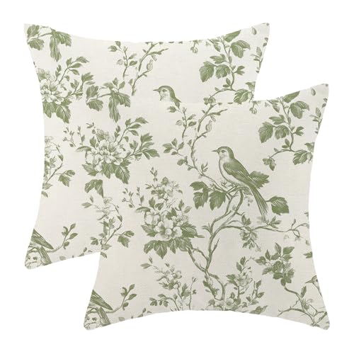 Sage Green Pillow Covers 18x18 Set of 2 Chinoiserie Flower Birds Throw Pillow Covers Outdoor Decor Spring Summer Vintage Floral Pillowcase Farmhouse Decorative Linen Cushion Case for Couch Sofa - color: A-floral Birds-green, size: 18" x 18" (Pack of 2)
