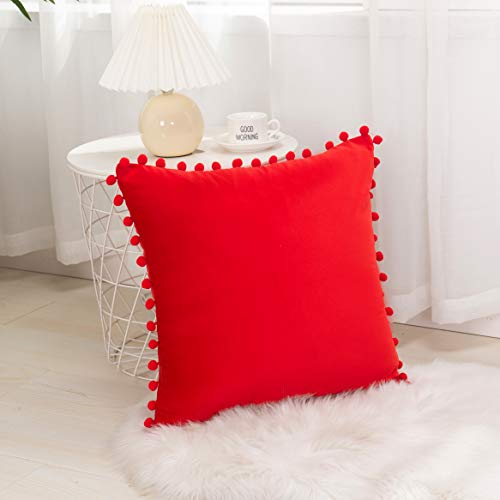Elegant Comfort POM-POMS Fringe Velvet Cushion Covers Set of 2, Velvet Soft Solid Decorative Square Throw Pillow Covers Set Cushion Case for Couch Bed, Livingroom 18 x 18 Inch (45 x 45 cm), Red - color: Red, size: 18" x 18" (Pack of 2)