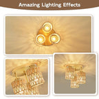 hykolity 3-Light Semi Flush Mount Ceiling Light Fixture, Boho Farmhouse Light Fixtures Ceiling Mount with Hand Woven Rattan Shade, Gold Ceiling Lighting for Kitchen, Bedroom, Entryway, Hallway, ETL - color: Gold-Boho