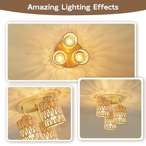 hykolity 3-Light Semi Flush Mount Ceiling Light Fixture, Boho Farmhouse Light Fixtures Ceiling Mount with Hand Woven Rattan Shade, Gold Ceiling Lighting for Kitchen, Bedroom, Entryway, Hallway, ETL - color: Gold-Boho