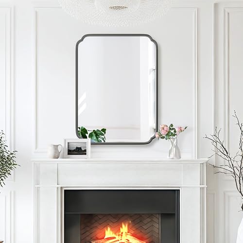 Ferytange 28"x36" Black Bathroom Mirror with Rustproof Metal Frame, Modern Rounded Corner Wall Mirror for Vanity Over Sink, Horizontal/Vertical Hanging - color: Black, size: 36"L x 28"W