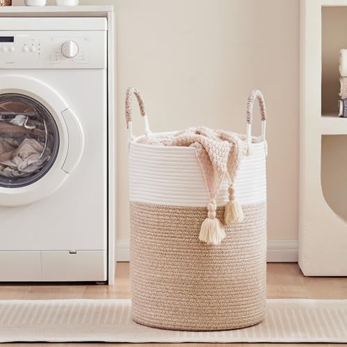 60L Laundry Hamper Basket Tall Woven Cotton Rope Clothes Hamper for Baby Girls Nursery Kids Blanket Basket in Living Room Bathroom Bedroom Brown 15Dx20H Inches Large - color: Brown1, size: Large (60L)