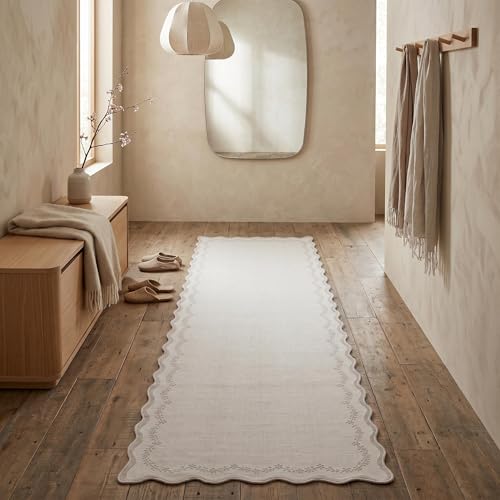 GarveeHome 2.6x10 Scalloped Washable Runner Rug for Kitchen, Soft Beige Long Hallway Runner Non Slip Entryway Rug Farmhouse Thin Laundry Mat Stain Resistant Carpet for Bathroom Beside Rug - color: Beige, size: 2'6" x 10' (Rectangular)