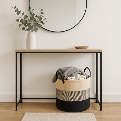 ShellKingdom Laundry Basket, Natural Rope Woven Storage Basket with Handles for Home, Living Room, Laundry, Storage Organizer for Blankets, Clothes, Plant, Toys, 15.7 x 13.8 INCH (3-Toned Khaki Black) - color: 3-Toned Khaki Black, size: 38L