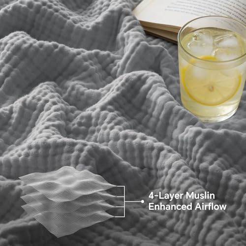 BEDELITE 100% Cotton Muslin Blankets for Adults - 4-Layer Queen Size Breathable and Lightweight Gauze Blanket for Couch, Bed, Travel and Summer, Soft & Cozy Gift for Women, Grey, 90"x90" - color: Grey, size: Queen(90"x90")
