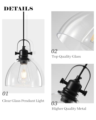Black Pendant Lights Kitchen Island, 7.5'' Modern Glass Pendant Light 2 Pack, Farmhouse Pendant Lights with Clear Glass Shades, Hanging Island Pendant Lights for Kitchen, Bedroom, Bathroom - color: Clear Glass-Black+Cord, size: 2-Pack