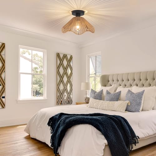 Surpars House Boho Rattan Ceiling Light Fixture, Mini Rattan Chandelier Lighting Fixture, Hand Woven Ceiling Light Fixtures for Hallway Bedroom Kitchen Entryway Living Room (Light Brown) - color: Light Brown