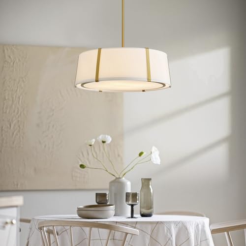 Shrine Lighting Drum Chandeliers, Modern Style, Drum Pendant Light for Living Space, D18'' x H6'', Adjustable Chains 39.4'', E12*4 Sockets, White Lampshade & Brass Finish - color: Brass D18''