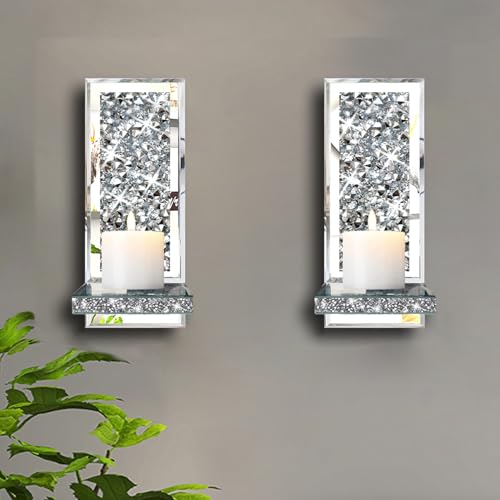 ZOLAPI Set of 2 Crystal Crush Diamond Candle Sconces, Gorgeous Silver Mirrored Wall Sconce, Candle Holder Glass Wall Decorations for Home Décor, Living Room, Dining Room. 1A - color: Silver Mirror ①a