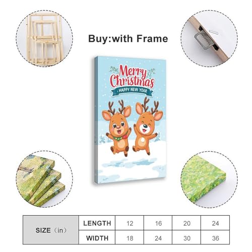JDBeehpy Merry Christmas & Happy New Year Frame Canvas Print Wall Art Painting Reindeer Playing Happily in Snow Cute Poster Home Decor Mural 12x18inch(30x45cm) - color: Reindeer Frame, size: 18L" x 12W"