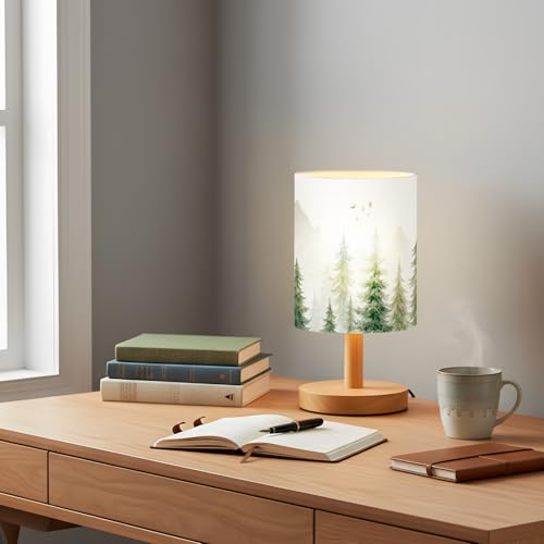 VIHOSE Pine Tree Bedside Table Lamp Forest Table Lamp Vintage Nightstand with Linen Fabric Shade Solid Wood Base Decoration for Kids Living Room Bedroom Desk Dorm - style: Forest