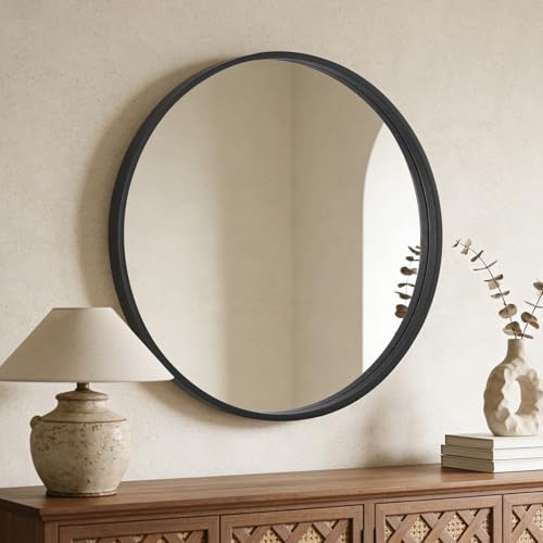 WallBeyond Round Wood Mirror, 32" Round Modern Decoration Large Circle Wall Mirror for Bathroom Living Room Bedroom Entryway, Black - color: Black, size: 32"L x 32"W