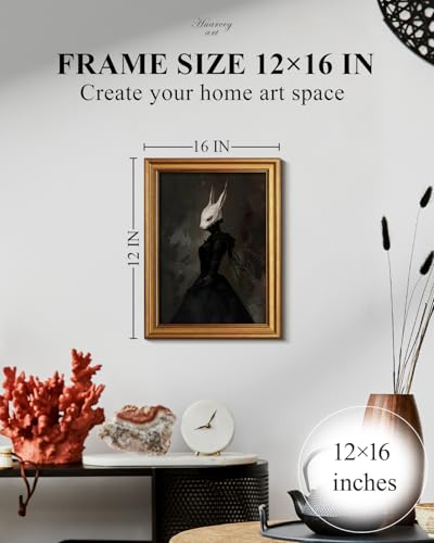 HUARCEY Gold Framed Vintage Wall Art Canvas Prints Gothic Room Decor Vintage Rabbit Lady Wall Decor, Aesthetic Dark Academia Halloween Pictures Oil Painting Goth Decorations 12x16in - color: Phantom Rabbit, size: 16"L x 12"W