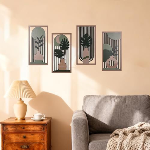suruim Boho Wall Art Set of 4, Abstract Geometric Wooden Wall Decor, Mid-Century Modern Aesthetic Artwork with Arch, Vase & Botanical Design for Modern Home Decor for Bedroom, Office & Living Room(D) - color: D