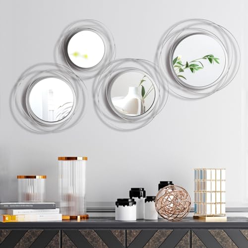Hicarer 4 Pcs Decorative Wall Mirror Round Modern Mirror Circle Mirror Wall Art Ring Metal Mirror Wall Decor Wall Mounted Mirror for Bedroom Living Room Entryway Dining Room Hallway (Silver) - color: Silver