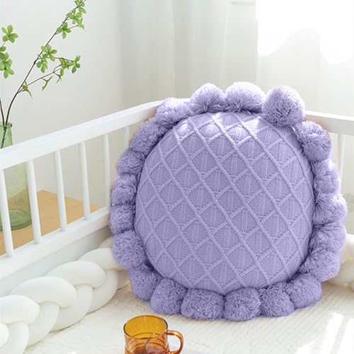 Acrylic Knitted Round Throw Pillow Knitting Bohemian Circular Cushion Pillow with Knit Handmade Pompoms Decorative Romantic Purple, Diameter 18inches - color: Romantic Purple