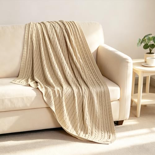 NTBAY 100% Pure Cotton Cable Knit Throw Blanket, Super Soft Warm 51x67 Knitted Throw Blanket for Couch, Sofa, Chair, Bed - Extra Cozy, Machine Washable, Comfortable Home Decor, Khaki - color: Khaki, size: Throw(51"x67")