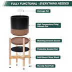 D'vine Dev Ceramic Planter with Natural Stand - 8 Inch Modern Round Flower Pot with Wood Planter Holder, Black/Speckled Tan, 55-B-N-7 - color: Black/Speckled Tan Pot + Natural Stand, size: 8 Inch