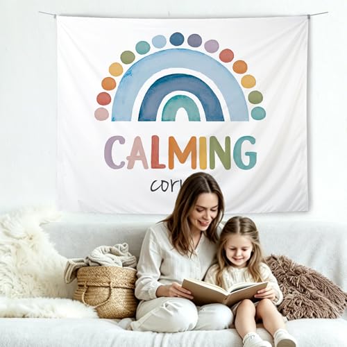 KBRCT Mental Health Tapestry, Boho Classroom Wall Tapestry, Calming Corner Boho Rainbow Wall Hanging Decor for Home Bedroom Office Classroom Calming Room, 50x60 Inch