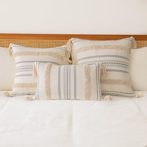 Boho Throw Pillow Covers 18x18 Set of 2 Woven Tufted Farmhouse Pillows Cover with Tassels Textured Striped Cushion Case Neutral Pillow Cases Decorative Pillowcase for Sofa, Couch, Bed, Khaki - color: Khaki, size: 18" x 18" (Pack of 2)