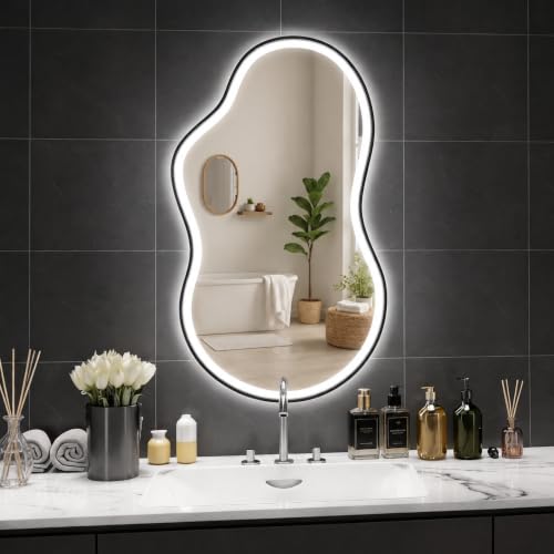 Hasipu Irregular Bathroom Mirror with Lights - 35"x20" LED Asymmetrical Mirror,Anti-Fog, Dimmable, Memory for Bathroom, Bedroom,Wall Mounted Home Decor Vertical/Horizontal - color: Black, size: 35.4"L x 19.7"W