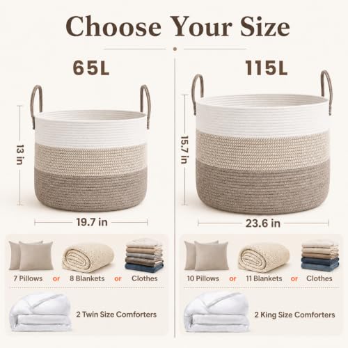 JMvicyroam 115L Extra Large Blanket Basket for Living Room - Woven Cotton Rope Laundry Hamper with Reinforced Handles - Storage Bin for Pillows, Comforters & Toys - Machine Washable,White&Brown Mix - color: White&Brown Mix, size: 115L