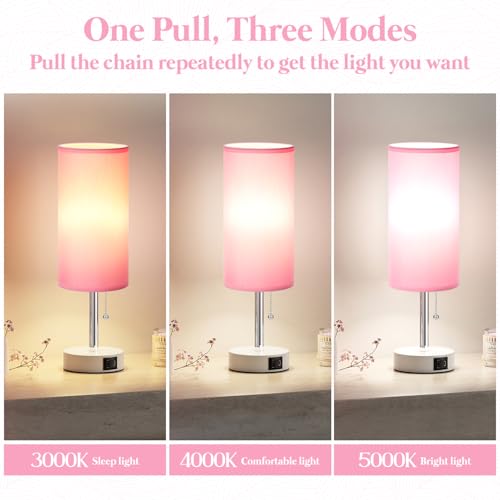 Dicoool Pink Bedside Table Lamp for Bedroom, Small Nightstand Lamp for Girls Kids, 3 Color Temperatures & USB Charging Port, Cute Desk Lamp for Teens Room Decor, Dorm Room Essentials - color: Pink-White