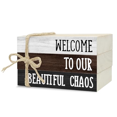 Ycyfckdr Decorative Wood Book Stack for Home, Welcome to Our Beautiful Chaos, Rustic Table and Living Room Bookshelf Farmhouse Decor (L66) - color: Welcome 2